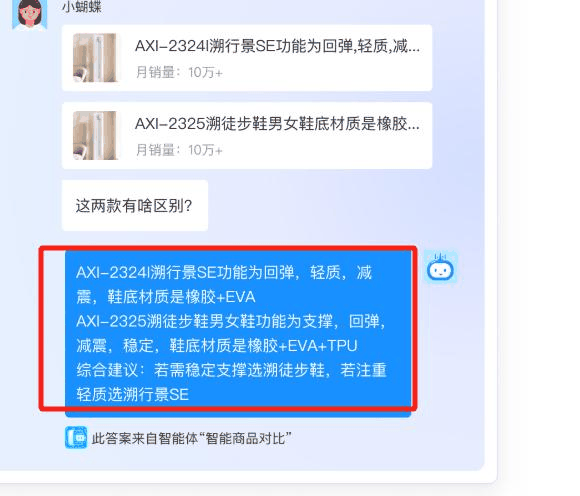 晓多智能客服对话界面 用户发送商品链接 机器人回复对比详情